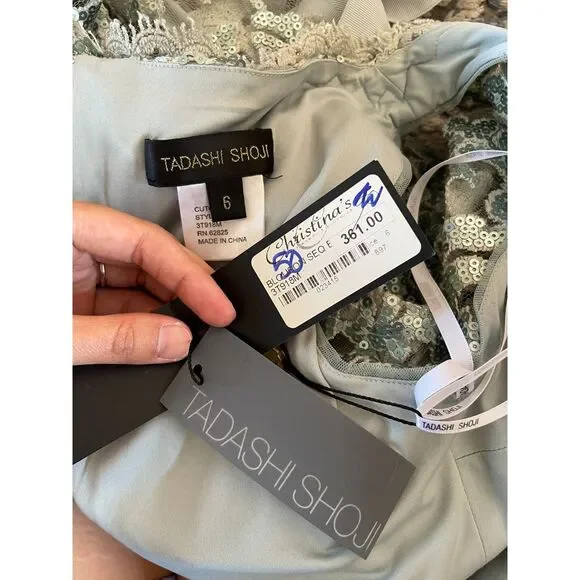NWT Tadashi Shoji Ice Green Sequin Lace Dress Cocktail Dress Ribbon‎ Belt Size 6 - Picture 10 of 12